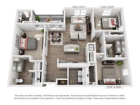 Floor plan for 3 beds, 2 baths, 1401 sqft